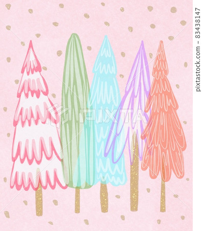Set of Christmas trees in watercolor style. Holiday card with pink fir-trees in naive childish style. Set of Christmas trees in watercolor style. Holiday card with pink fir-trees in naive childish style. 83438147