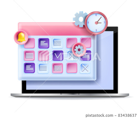 3D calendar schedule planning concept, vector online event agenda illustration, laptop screen, clock 3D calendar schedule planning concept, vector online event agenda illustration, laptop screen, clock 83438637