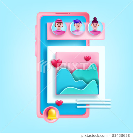 3D social media vector icon, smartphone screen, digital marketing app design, online chat, user face 83438638