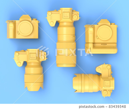 Top view of designer workspace and photography gear on blue table background Top view of designer workspace and photography gear on blue table background 83439348
