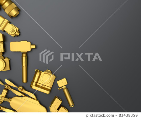 Top view of designer workspace and photography gear on black table background Top view of designer workspace and photography gear on black table background 83439359