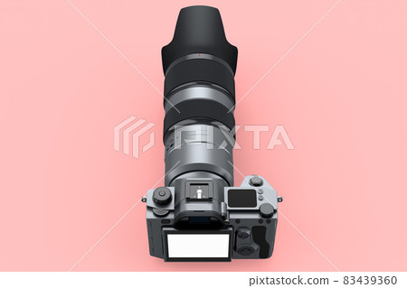 Concept of nonexistent silver DSLR camera with lens isolated on pink background. Concept of nonexistent silver DSLR camera with lens isolated on pink background. 83439360