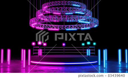 boxing ring with neon lighting background with blank platform for concert or product placement. 3D rendering. boxing ring with neon lighting background with blank platform for concert or product placement. 3D rendering. 83439640