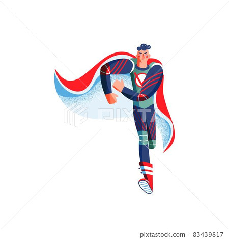 Superhero in costume running. Man with cape vector illustration. Cartoon comic guy with powers posing isolated on white background. Brave boy hurrying to save people 83439817