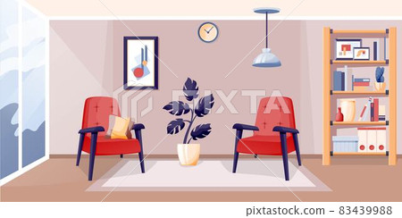 Modern home living room interior design background. Room at home for rest with two armchairs, shelves stand with books, vases, plants. Cosy area for relaxing vector illustration Modern home living room interior design background. Room at home for rest with two armchairs, shelves stand with books, vases, plants. Cosy area for relaxing vector illustration 83439988