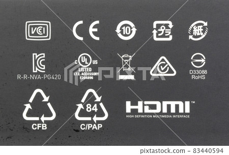 symbols and signs on packaging products, information about the goods being transported and a sign of recycling,  icon set for green eco packaging. 83440594