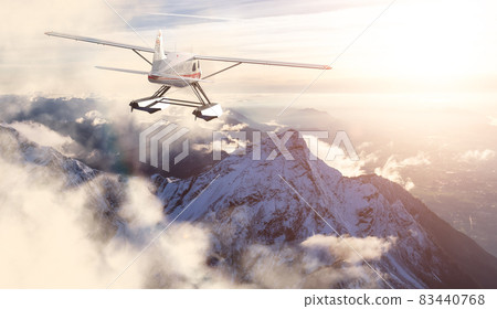 Adventure Composite Image of 3D Rendering Seaplane flying over Canadian Rocky Mountains 83440768