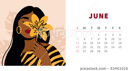 Tiger calendar design concept 2022. Woman with tiger lily, exotic flower. Horizontal page template for June. Chinese symbol of the year. Trendy fashion illustration. 83441028