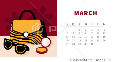 Tiger calendar design concept 2022. Striped tiger pattern bag, sunglasses and powder. Horizontal page template for March. Chinese symbol of the year. Trendy fashion illustration. 83441029