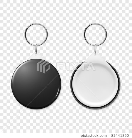 Vector 3d Realistic Blank Black Round Keychain with Ring and Chain for Key Isolated. Button Badge with Ring. Plastic, Metal ID Badge with Chains Key Holder, Design Template, Mockup 83441860