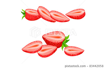 Mature Red Strawberry in Half with Leaves Vector Set 83442058