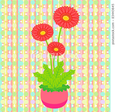 Illustration of gentle colored gerbera potted plant and polka dot background 83443645