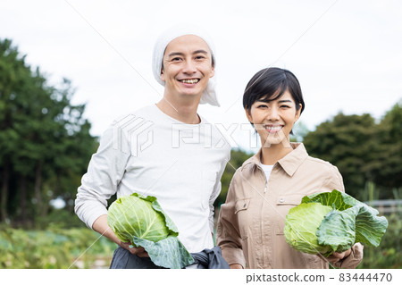 Young men and women raising cabbage 83444470