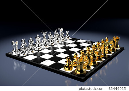 3D rendering illustration. Metal chess pieces on chess board 83444915