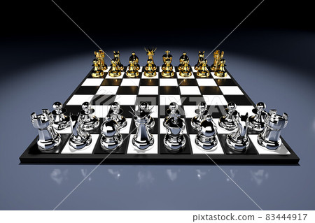 3D rendering illustration. Metal chess pieces on chess board 3D rendering illustration. Metal chess pieces on chess board 83444917