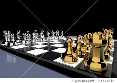 3D rendering illustration. Metal chess pieces on chess board 83444918