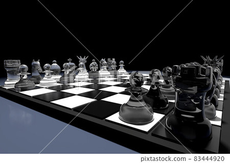 3D rendering illustration. Glass chess pieces on chess board 3D rendering illustration. Glass chess pieces on chess board 83444920