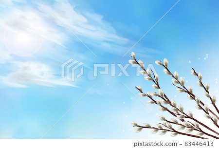 Watercolor pussy willow and blue sky 83446413