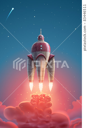 Fantasy cosmic spaceship over starry sky with fire flame and red smoke. Magic rocket in space flying to far stars in vector. High detailed illustration art. Fantasy cosmic spaceship over starry sky with fire flame and red smoke. Magic rocket in space flying to far stars in vector. High detailed illustration art. 83446511