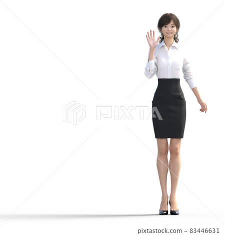 年輕女員工揮手全身燙髮3DCG插圖素材 83446631