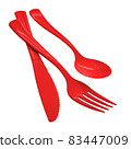 Red Disposable Plastic Cutlery, Single use spoon, fork and knife, clipping path, isolated on white background Disposable tableware, waste, eco, ecology, recycle. 83447009
