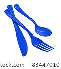 Blue Disposable Plastic Cutlery, Single use spoon, fork and knife, clipping path, isolated on white background Disposable tableware, waste, eco, ecology, recycle. 83447010