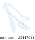 White Disposable Plastic Cutlery, Single use spoon, fork and knife, clipping path, isolated on white background Disposable tableware, waste, eco, ecology, recycle. 83447011