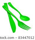 Green Disposable Plastic Cutlery, Single use spoon, fork and knife, clipping path, isolated on white background Disposable tableware, waste, eco, ecology, recycle. 83447012
