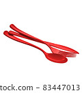 Red Disposable Plastic Cutlery, Single use spoon, fork and knife, clipping path, isolated on white background Disposable tableware, waste, eco, ecology, recycle. 83447013