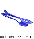 Blue Disposable Plastic Cutlery, Single use spoon, fork and knife, clipping path, isolated on white background Disposable tableware, waste, eco, ecology, recycle. 83447014