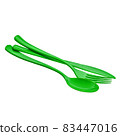 Green Disposable Plastic Cutlery, Single use spoon, fork and knife, clipping path, isolated on white background Disposable tableware, waste, eco, ecology, recycle. 83447016