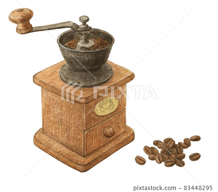 Coffee beans and mill watercolor pencil illustration 83448295