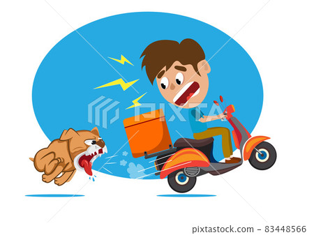 postman, delivery man bitten by a dog therefore urged the motorcycle to flee in shock. Flat style cartoon illustration vector 83448566