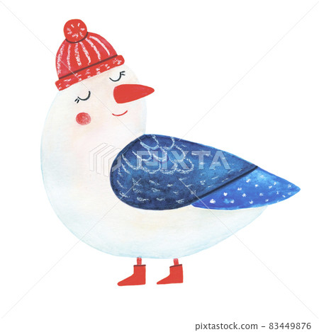 Winter bird watercolor. Cute bullfinch watercolor in hat. Hand drawing bird character logo in cartoon childish. Seagull in hat illustration. Bird kids icon design illustration. Bird isolated element. 83449876