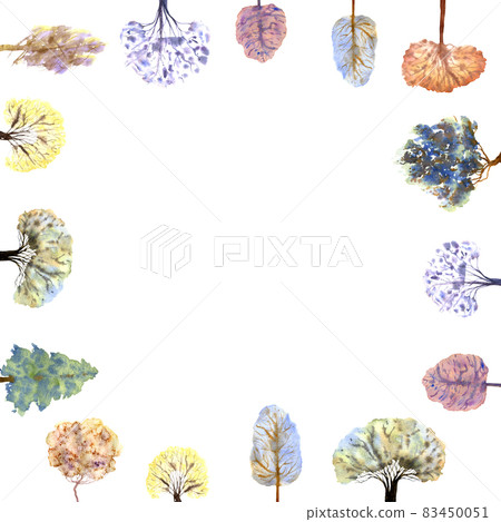 Frame with winter forest on white background. Multicolored trees. Hand-drawn watercolor illustration. Frame with winter forest on white background. Multicolored trees. Hand-drawn watercolor illustration. 83450051