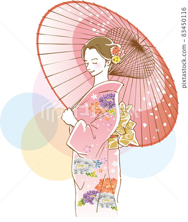 一位年輕女子手持日式雨傘的形象插圖 83450116