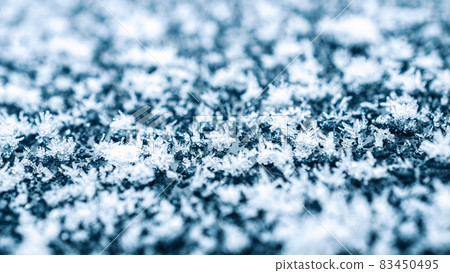 Frosting macro. Cold snow winter background. Blue crystal frozen abstract pattern. White frost ice texture. 83450495