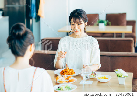 Young woman eating at a restaurant Young woman eating at a restaurant 83450801