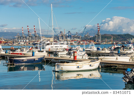 Large Port with many Boats Moored - Gulf of La Spezia Liguria Italy Large Port with many Boats Moored - Gulf of La Spezia Liguria Italy 83451071