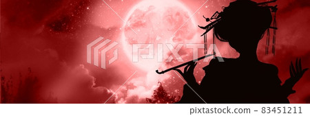 花魁的剪紙插圖，在可疑閃亮的滿月的背景下吹著煙管的華麗髮飾 83451211