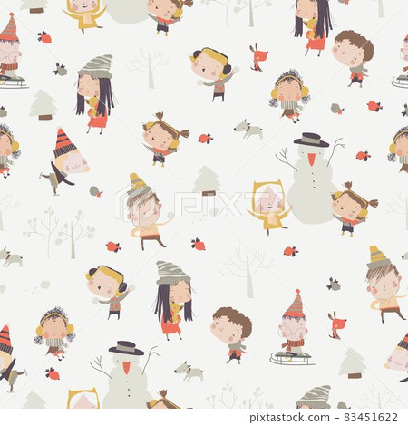 Seamless Pattern with Happy Cute Kids playing Winter Games 83451622