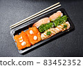 Japanese food called sushi . Rice rolls mixed with shrimp, salmon, and seaweed, food bar on black background 83452352