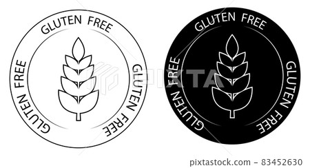Gluten free vector icon. No gluten stamp. Outline stamp. Sign with wheat inside and with lettering gluten free around. 83452630