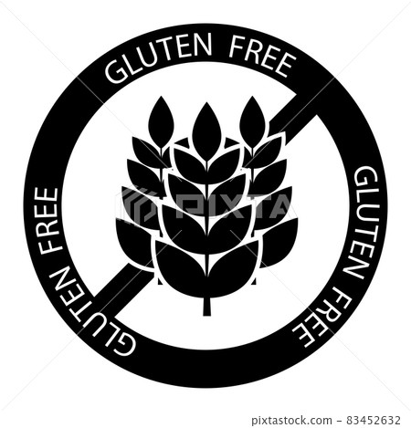 Gluten free. A gluten free icon in black color isolated on white background. Wheat symbol for food package without gluten or for dietetic product nutrition Gluten free. A gluten free icon in black color isolated on white background. Wheat symbol for food package without gluten or for dietetic product nutrition 83452632