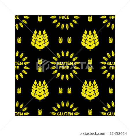 Gluten free, background or pattern. Vector seamless pattern with silhouettes of wheat ears and with lettering Gluten free , for bakery package, bread products. Barley, corn texture Gluten free, background or pattern. Vector seamless pattern with silhouettes of wheat ears and with lettering Gluten free , for bakery package, bread products. Barley, corn texture 83452634