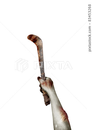 Zombie hands with wound holding sickle 83453268