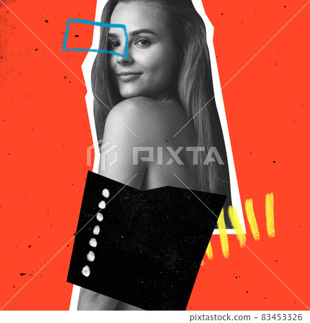 Contemporary art collage of beautiful stylish woman with drawn elements isolated over red background. Tenderness Contemporary art collage of beautiful stylish woman with drawn elements isolated over red background. Tenderness 83453326