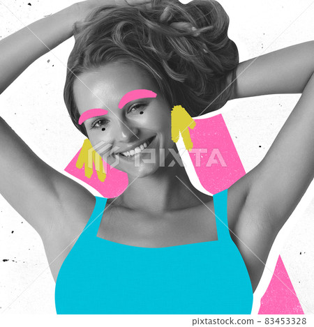 Contemporary art collage of beautiful stylish woman with drawn elements isolated over white background. Smiling beauty Contemporary art collage of beautiful stylish woman with drawn elements isolated over white background. Smiling beauty 83453328