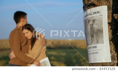 Upset couple hugs in park focus on poster of missing dog Upset couple hugs in park focus on poster of missing dog 83453329