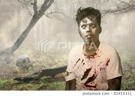 Scary zombie with blood and wound on his body walking 83453331